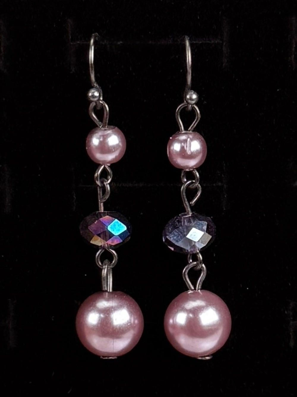 Light purpleish pink, smoky gray reflective, bead costume pierced earrings